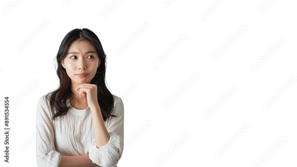 Woman thinking while looking up,doubtful and hesitant,isolated on white background,web banner. Woman thinking while looking up,doubtful and hesitant,isolated on white background,web banner.