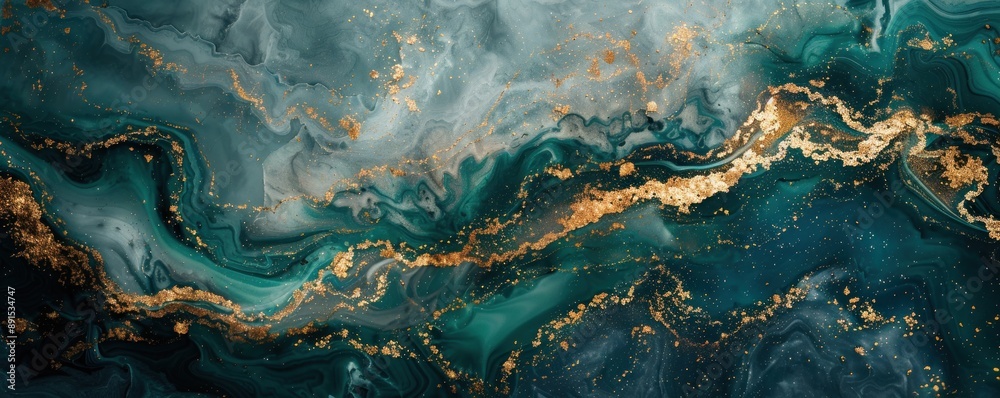 Fototapeta premium Abstract painting with teal and gold hues creating a mesmerizing visual effect