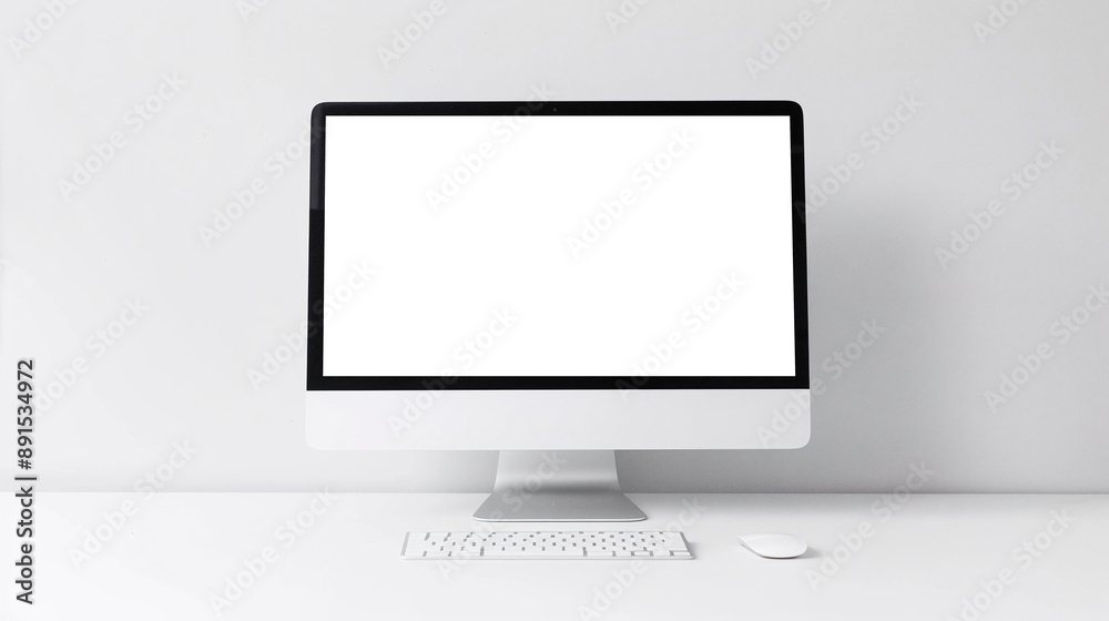 Mockup template of white screen on table. White keyboard and mouse on white table
Mockup template of white screen on table. White keyboard and mouse on white table