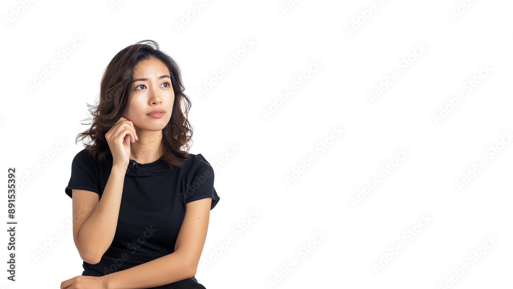 Woman thinking while looking up,doubtful and hesitant,isolated on white background,web banner. Woman thinking while looking up,doubtful and hesitant,isolated on white background,web banner.