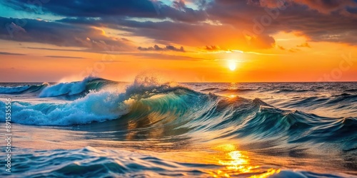 Ocean waves glowing in the sunset sky, sunset, serene, ocean, water, evening