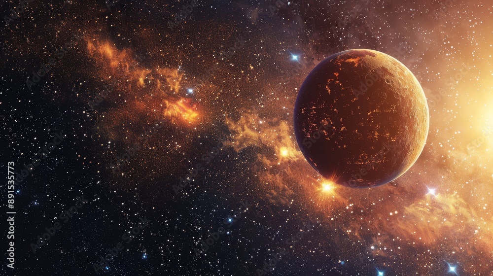 Obraz premium Golden Planet in a Starry Sky, Digital Art, Cosmic Landscape, Space Exploration