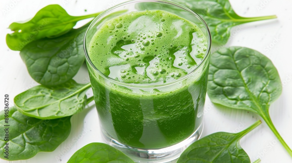Freshly Made Spinach Smoothie in a Glass Surrounded by Green Leaves Freshly Made Spinach Smoothie in a Glass Surrounded by Green Leaves