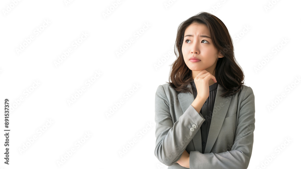 Woman thinking while looking up,doubtful and hesitant,isolated on white background,web banner. Woman thinking while looking up,doubtful and hesitant,isolated on white background,web banner.
