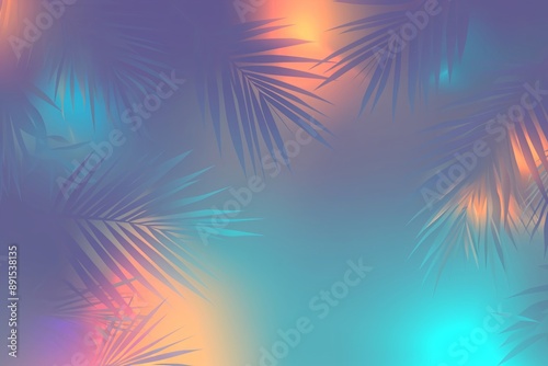 Tropical and palm leaves in gradient holographic neon colors. Summer party, travel, holiday, vacation. Retro background with copy space for banner, poster, invitation
