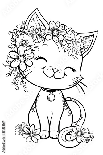 Kids colouring book page. Adorable black and white illustration of a cartoon kitten exuding charm and sweetness