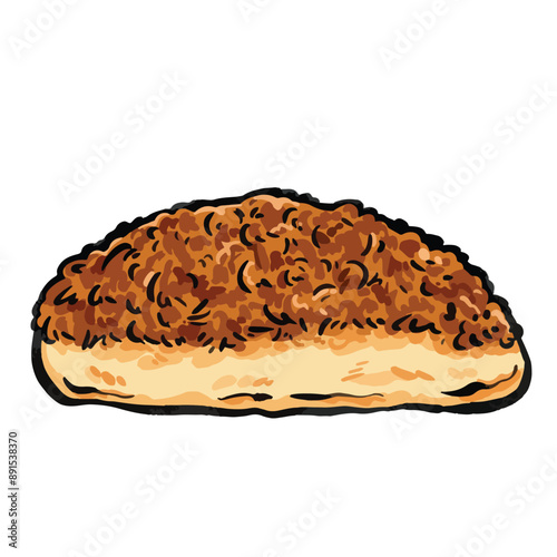 Beef floss bread food illustration isolated on square white background. Simple flat roti abon sapi cartoon art styled drawing.