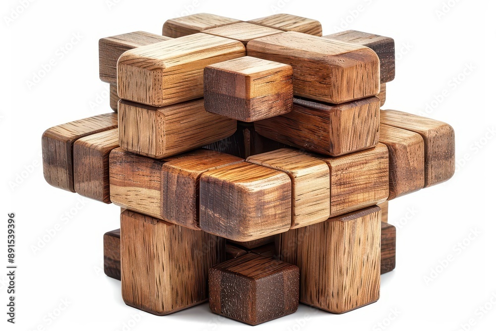 An intricate wooden puzzle with interlocking pieces on a white background, showcasing craftsmanship and providing a unique challenge. An intricate wooden puzzle with interlocking pieces on a white background, showcasing craftsmanship and providing a unique challenge.