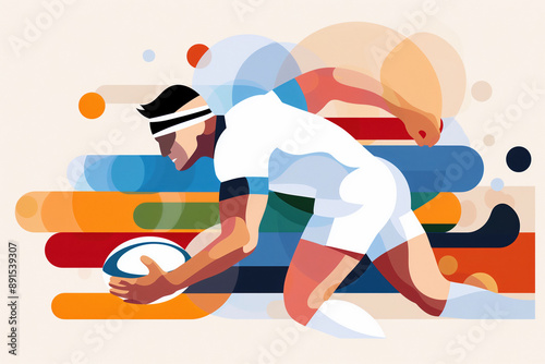 Stylized illustration of a rugby player in action, holding the ball and running, set against a vibrant, abstract background. The design highlights the intensity and energy of the sport.