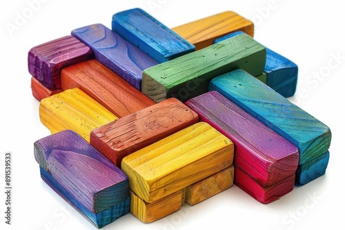 Colorful wooden blocks arranged in an intricate pattern, ideal for concepts like creativity, education, and childhood development.