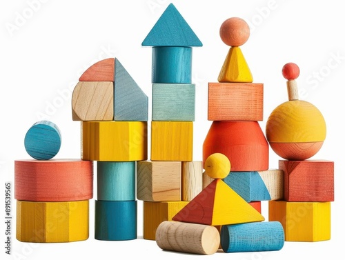 Colorful wooden building blocks arranged in creative shapes and structures, perfect for children's educational play and learning.