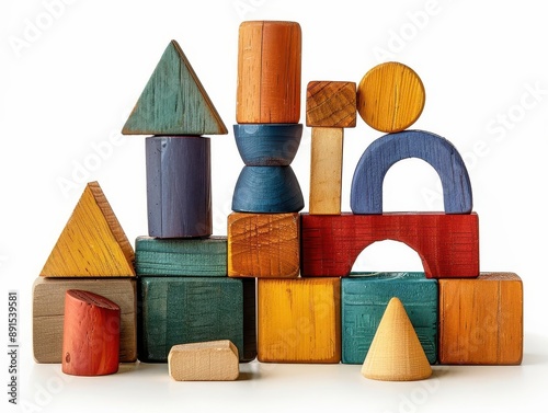 Colorful wooden building blocks arranged in various shapes and sizes, perfect for educational and creative play for kids and toddlers.