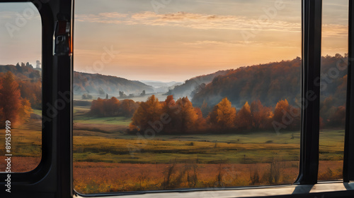 A autumn view from a train window with a beautiful autumn view, the feeling of moving in the picture. Generative AI photo