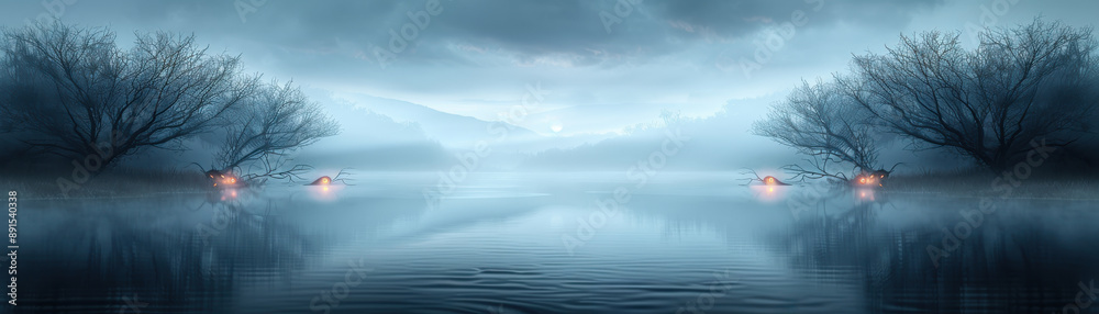 Serene lake view with tree reflections and glowing lanterns in a foggy, mystical environment. Peaceful and tranquil nature scene.