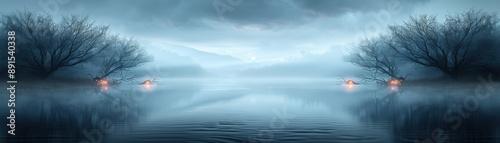 Serene lake view with tree reflections and glowing lanterns in a foggy, mystical environment. Peaceful and tranquil nature scene.