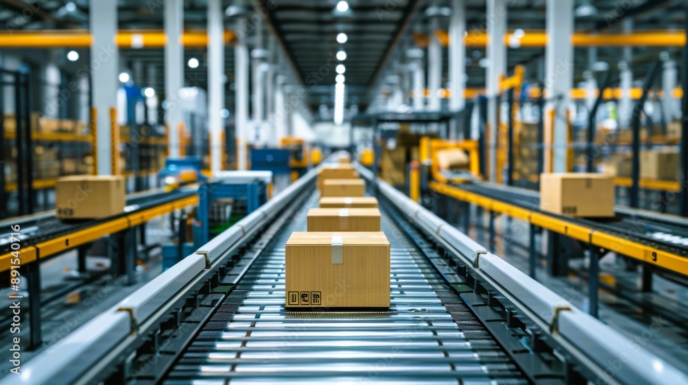 A bustling warehouse scene featuring packages on a conveyor belt, showcasing efficient logistics and modern storage solutions. A bustling warehouse scene featuring packages on a conveyor belt, showcasing efficient logistics and modern storage solutions.