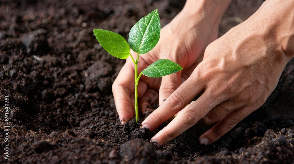 A close-up of hands planting a young tree sapling in rich, fertile soil, in a community garden, high-resolution photo, realistic photo, cinematography, hyper realistic A close-up of hands planting a young tree sapling in rich, fertile soil, in a community garden, high-resolution photo, realistic photo, cinematography, hyper realistic
