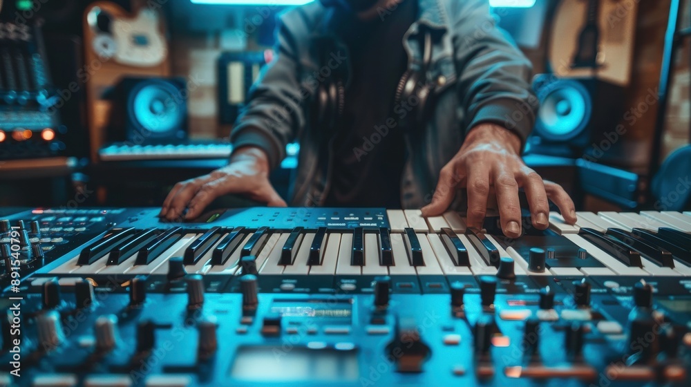 A musician actively working on a synthesizer in a vibrant, creative studio filled with musical instruments and equipment. A musician actively working on a synthesizer in a vibrant, creative studio filled with musical instruments and equipment.