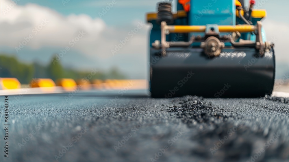 Paving Progress, Road Construction Crew in Action with Blue Steamroller on New Highway Beneath Cloudy Sky - Vibrant Colors Paving Progress, Road Construction Crew in Action with Blue Steamroller on New Highway Beneath Cloudy Sky - Vibrant Colors