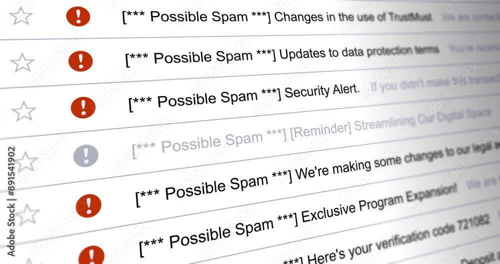 Scrolling list of emails marked as possible spam, undesirable mail, seamless loop footage close up, footage
