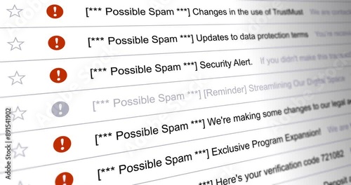 Scrolling list of emails marked as possible spam, undesirable mail, seamless loop footage close up, footage