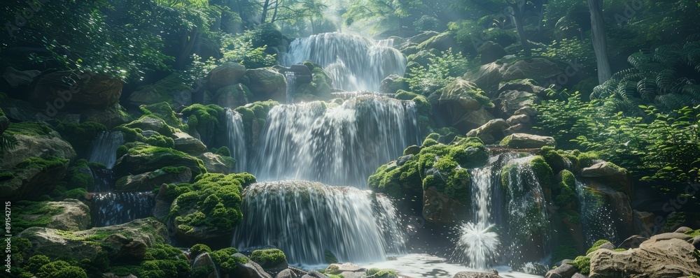 A cascading waterfall surrounded by moss-covered rocks. A cascading waterfall surrounded by moss-covered rocks.