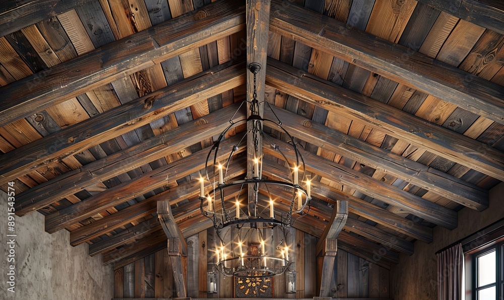 Obraz premium Textured wooden ceiling with beams