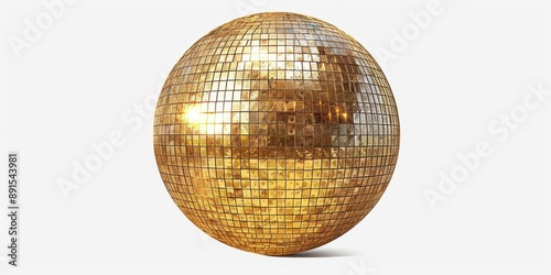 Shiny golden disco ball isolated on a white background, reflecting light, perfect for party and celebration themes.