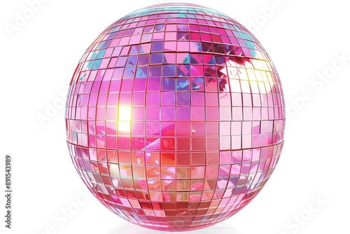 Vibrant pink disco ball reflecting colorful lights, perfect for party, dance, or celebration themes in stock photos.