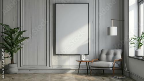 Minimalist living room interior with empty frame armchair and pl photo