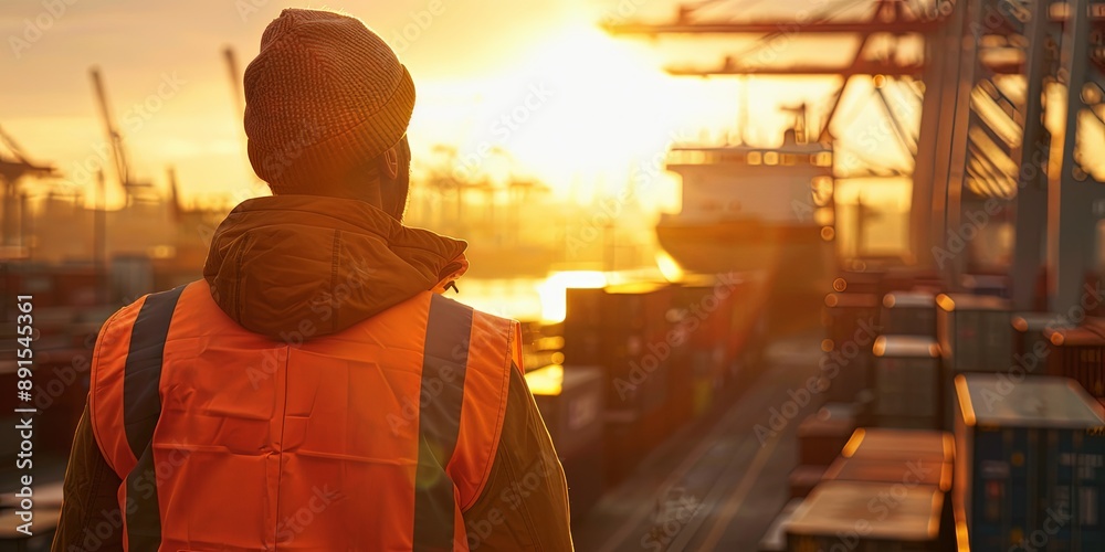 Fototapeta premium Port Worker Overseeing Cargo Operations at Sunset
