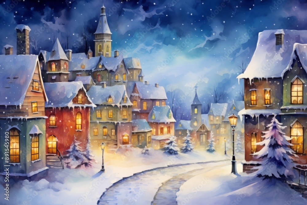 A watercolor illustration of a snowy Christmas time town with houses and a street A watercolor illustration of a snowy Christmas time town with houses and a street