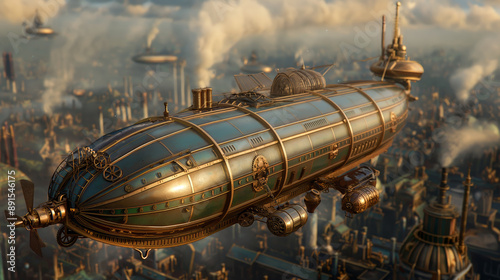 Victorian Steampunk Airship Flying Over City