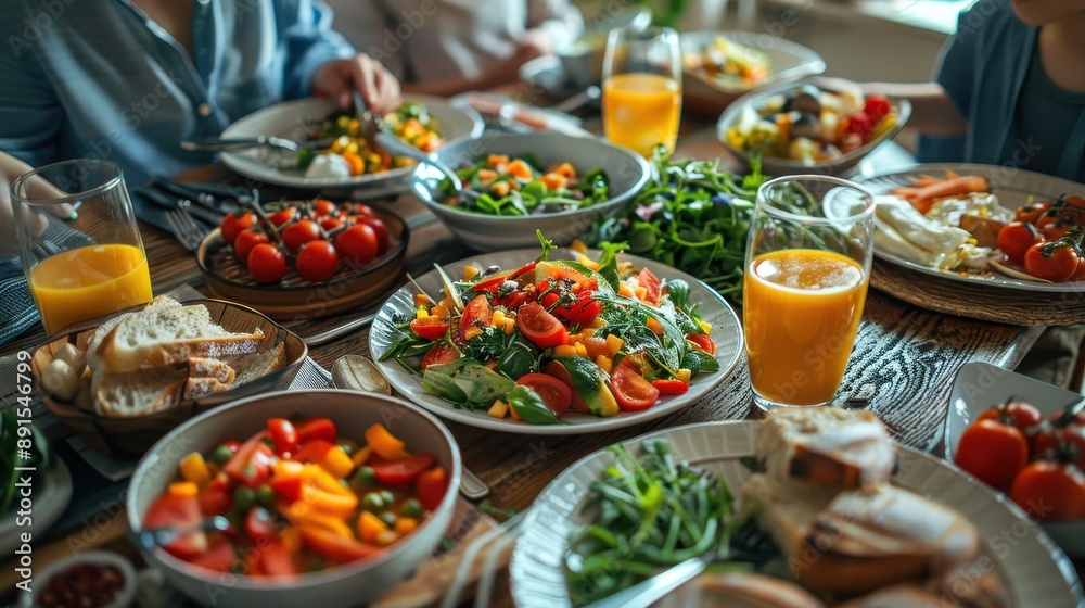 A large table with a variety of food and drinks, including a salad, a sandwich A large table with a variety of food and drinks, including a salad, a sandwich