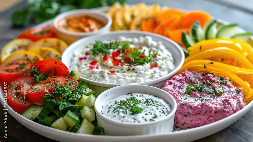 A white plate with a variety of dips and vegetables
