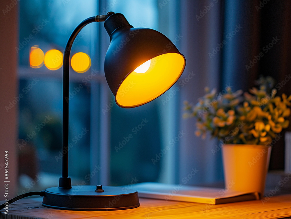 Black Desk Lamp With Warm Light On Wooden Table Near Window at Night Black Desk Lamp With Warm Light On Wooden Table Near Window at Night