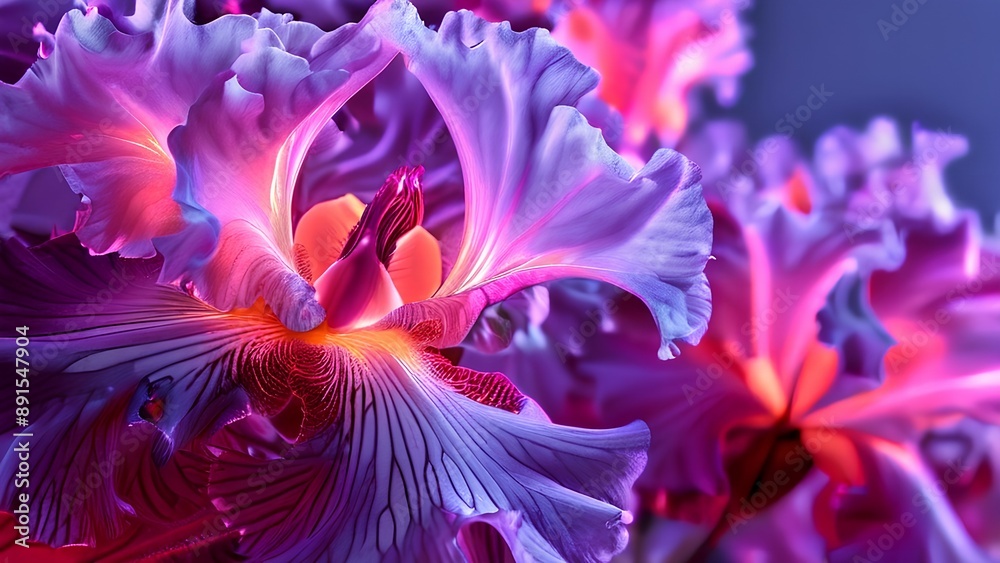 Fototapeta premium Neon flora: a digital botanical display, vibrant petals against cool hues, electric blossoms: nature meets neon.