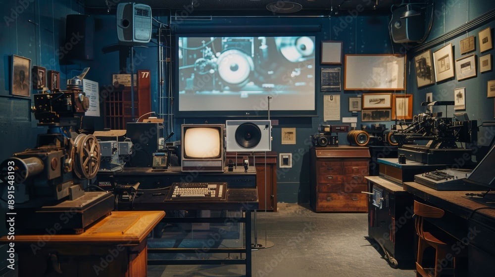A viewing station in a film archive, with screens and projectors for examining old footage A viewing station in a film archive, with screens and projectors for examining old footage