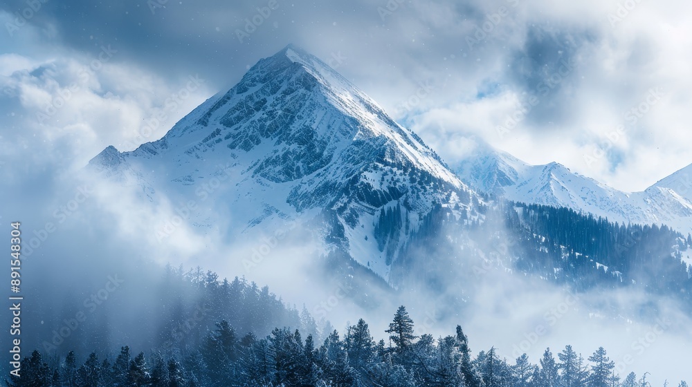 Fototapeta Snowy Mountain Peak Emerging From Clouds - Winter Wonderland, Landscape, Nature, Fog, Mountain Range