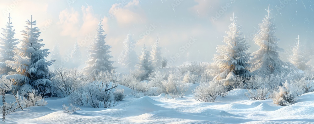 A snowy landscape with pine trees covered in frost. A snowy landscape with pine trees covered in frost.