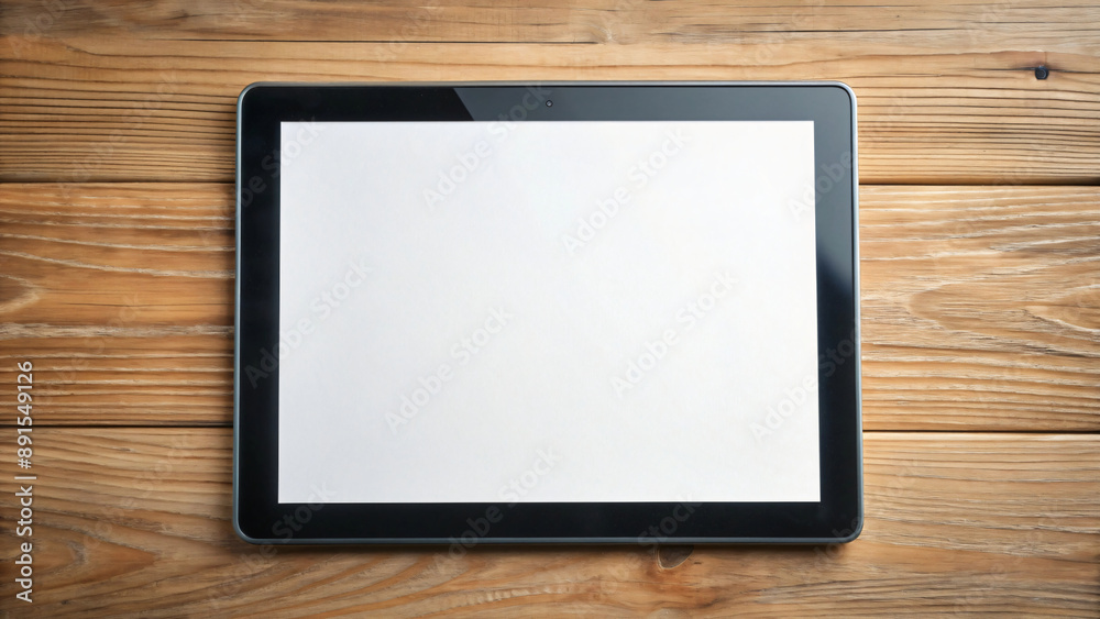 A portable tablet sits on a wooden office desk, ready to display information or connect to the internet A portable tablet sits on a wooden office desk, ready to display information or connect to the internet