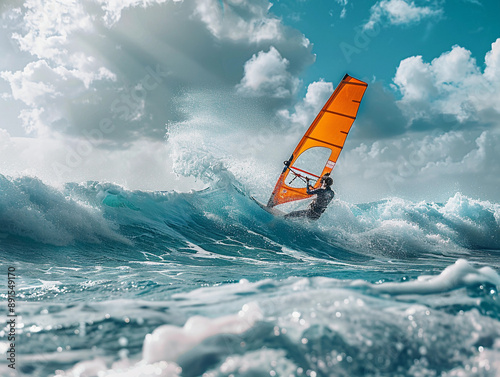 Windsurfer Riding A Large Wave On A Sunny Day