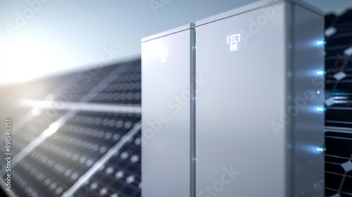 A detailed close-up of a smart home energy system, showing integrated solar panels and battery storage, high-resolution photo, realistic photo, cinematography, hyper realistic photo