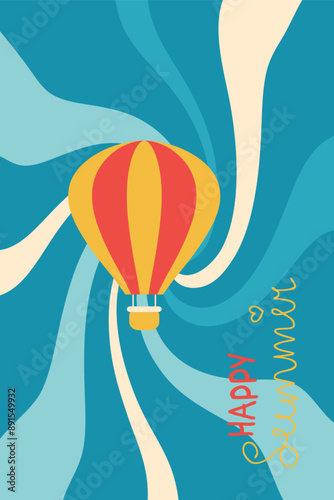 Summer sky vertical poster with hot air ballon in retro style. Perfect template for banner, card, label, sale. Hand drawn vector illustration.
