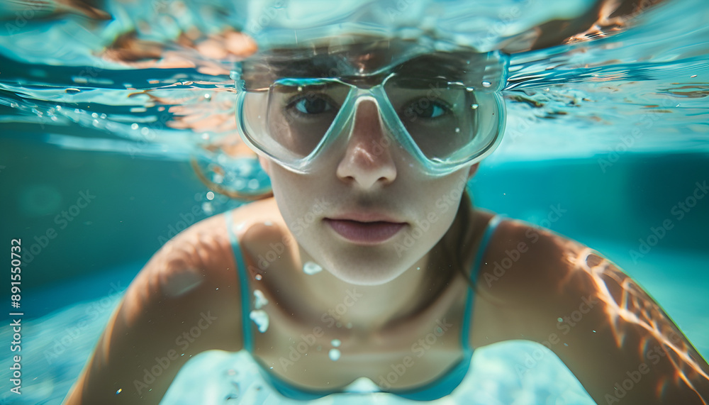 Naklejka premium Beautiful young woman swimming in pool, underwater view