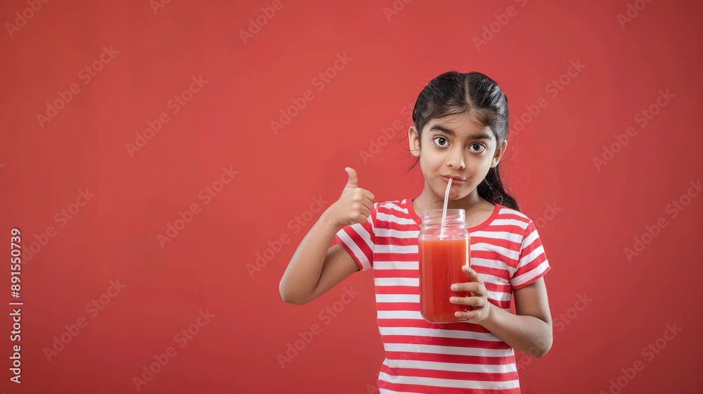 An Indian girl holding a glass jar of red juice and giving a thumbs up, against a red background, showing approval, enjoying the drink, red juice, thumbs up An Indian girl holding a glass jar of red juice and giving a thumbs up, against a red background, showing approval, enjoying the drink, red juice, thumbs up