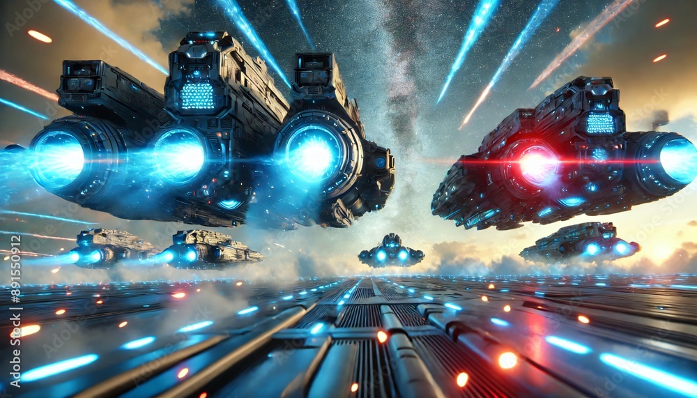 미래 우주 전함들이 우주를 배경으로 질주하는 장면, Scene of futuristic space battleships racing against the background of space 미래 우주 전함들이 우주를 배경으로 질주하는 장면, Scene of futuristic space battleships racing against the background of space