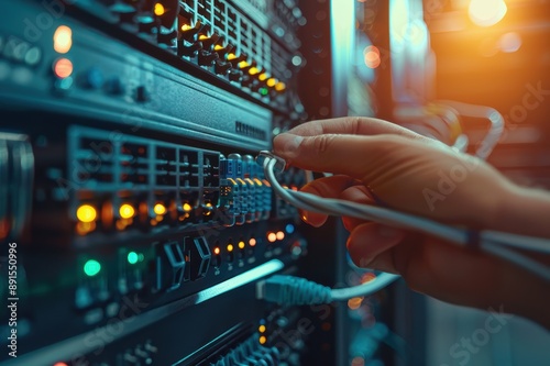 A hand plugging in a network cable into a server rack photo