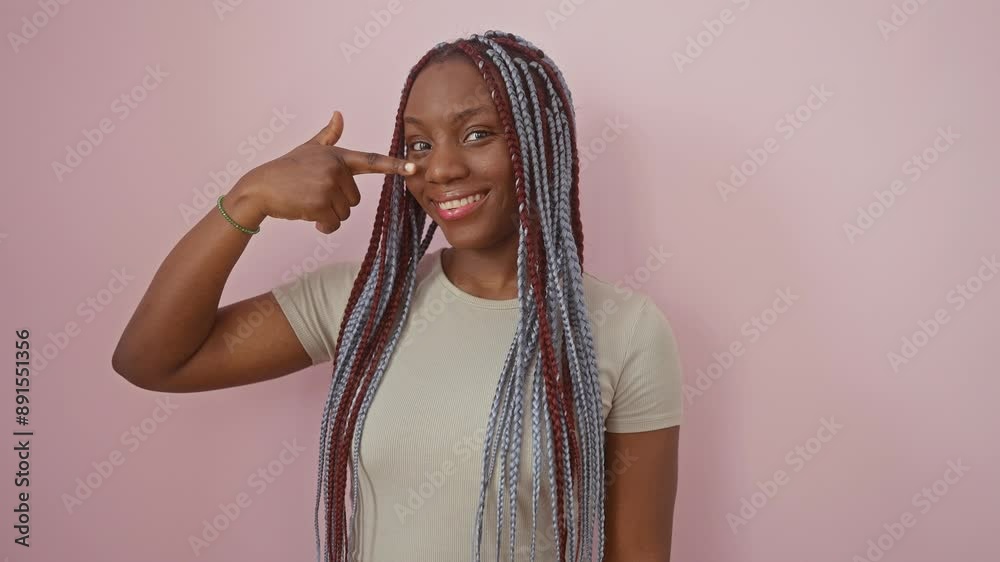 Smiling african american woman pointing a finger to her flawless face and nose, standing against a pure pink background, oozing natural beauty. Smiling african american woman pointing a finger to her flawless face and nose, standing against a pure pink background, oozing natural beauty.