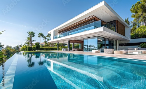 A sleek, modern house with a glass facade and an inviting swimming pool, exuding luxury and tranquility.